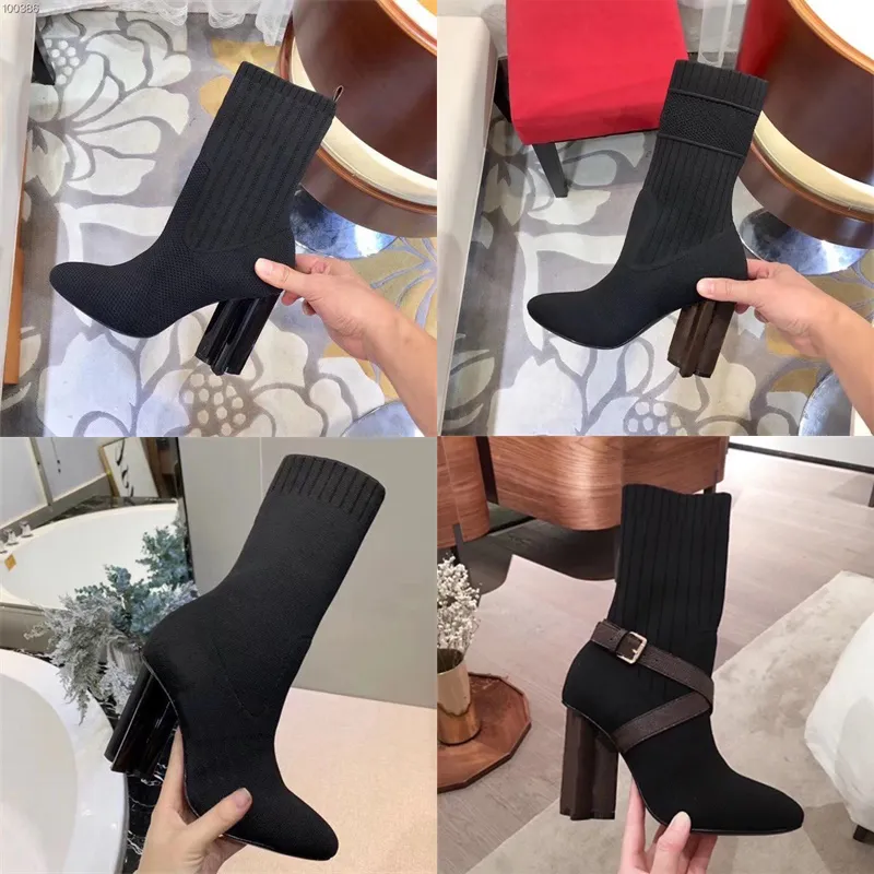 Women Silhouette Ankle Boot Martin Boots Winter Warn Botas Stretch Fabric Bootie Print Flower Heel Ladies Casual Shoes with box NO50