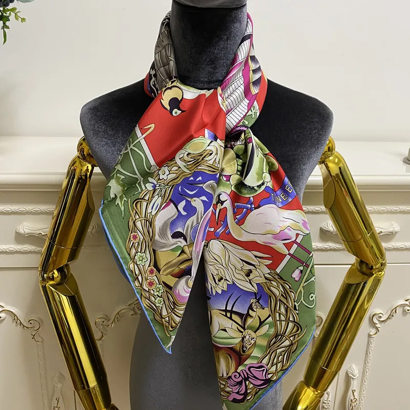 Foulard carré femme foulards bonne qualité 100% soie sergé imprimé fleurs motif oiseau taille 90cm- 90cm