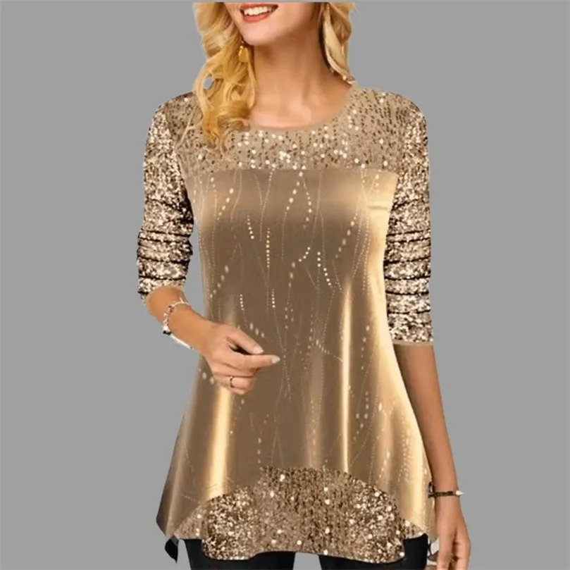 Sequins T-Shirt Female Spring Tops V-neck Full Sleeve Lace Splice Print Boho Women shirt 4xl 5XL 220511