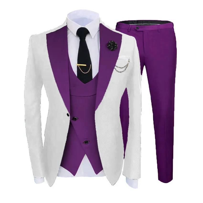 NIEUW POPULAIRE WIT 3 -delige pak Men Wedding Tuxedos Purple Notch Rapel Slim Fit bruidegom Tuxedos Men Dinner Prom Blazer Jacket broek Tie Vest 781