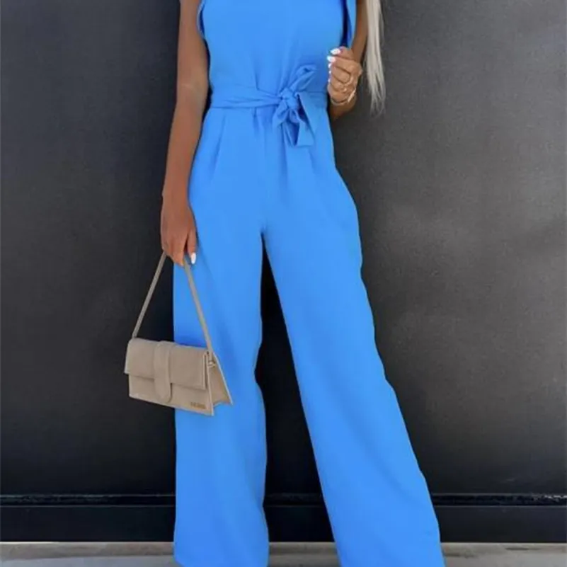 Summer Fashion Waist Lace-up Party Wide Leg Pant Women Elegant Solid Ruffle Sleeve Jumpsuit Casual Office O Neck Romper Overalls 220714