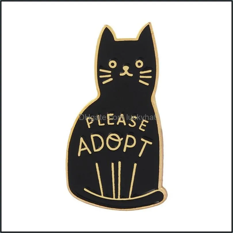 Black Enamel Cat Brooches Button Pins for clothes bag Please Adopt The Badge Of Cartoon Animal Jewelry Gift for friends C3