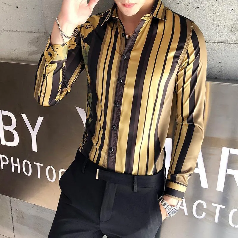 Black Gold Vertical Striped Shirts For Men Long Sleeve Chemise Homme Casual Camisa Masculina Streetwear Prom High Quality V598 Men's