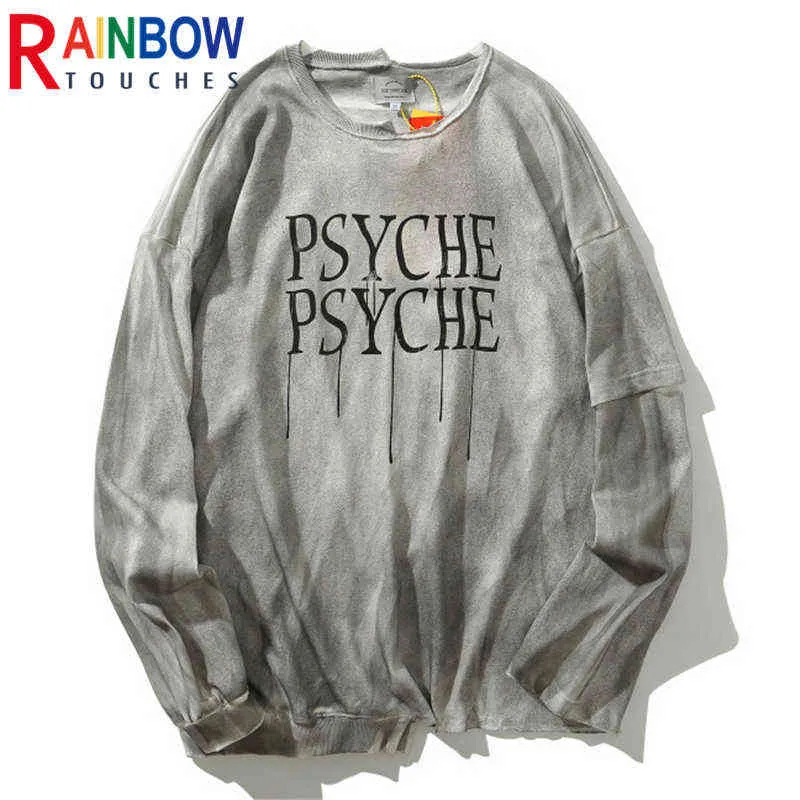 Rainbowtouches T-shirt z długim rękawem Mężczyźni Autumn New High Street Hip Hop Punk Rock Tiebowanie Stary nieregularny proces retro styl T220808