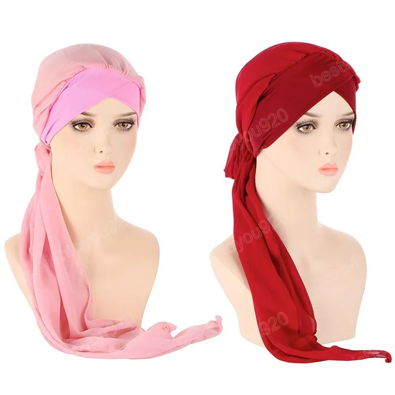 Muslimska kvinnor inre hijabs solid lång svans korshuvud halsduk 7 färger kemo cancer turban mujer redo att bära turbante cap