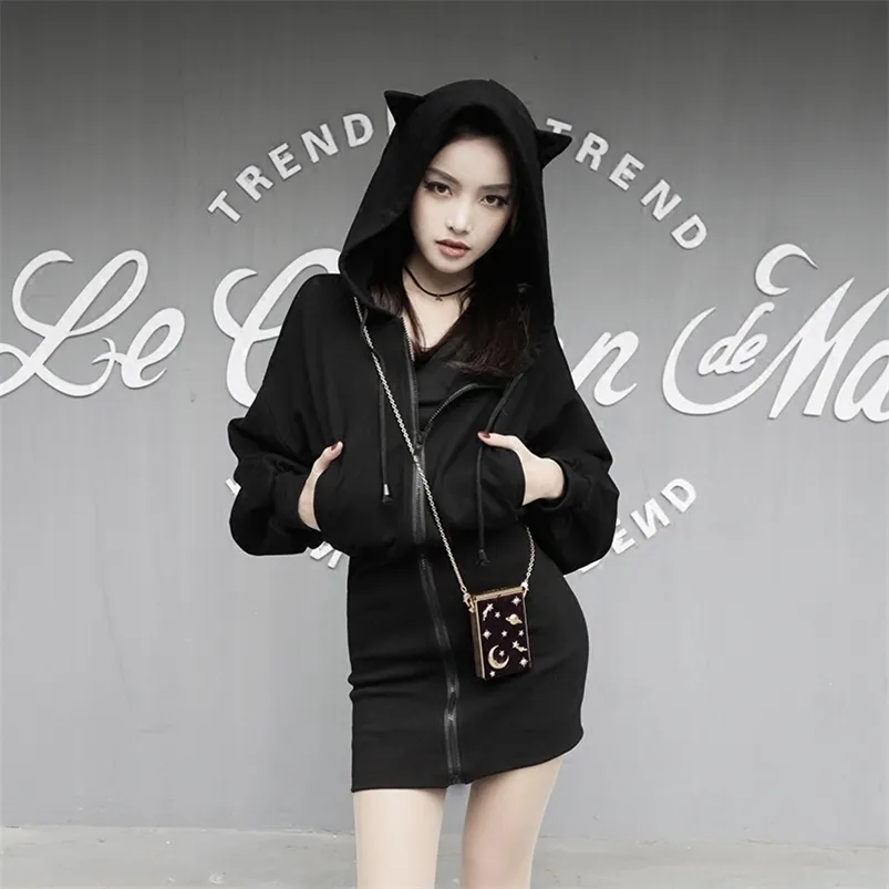 Kawaii Hoodie Harajuku Long sweatshirt vrouwen zwarte punk gothic hoodies hoody dames zip omhoog herfst schattig oor kat hoodies lj201103