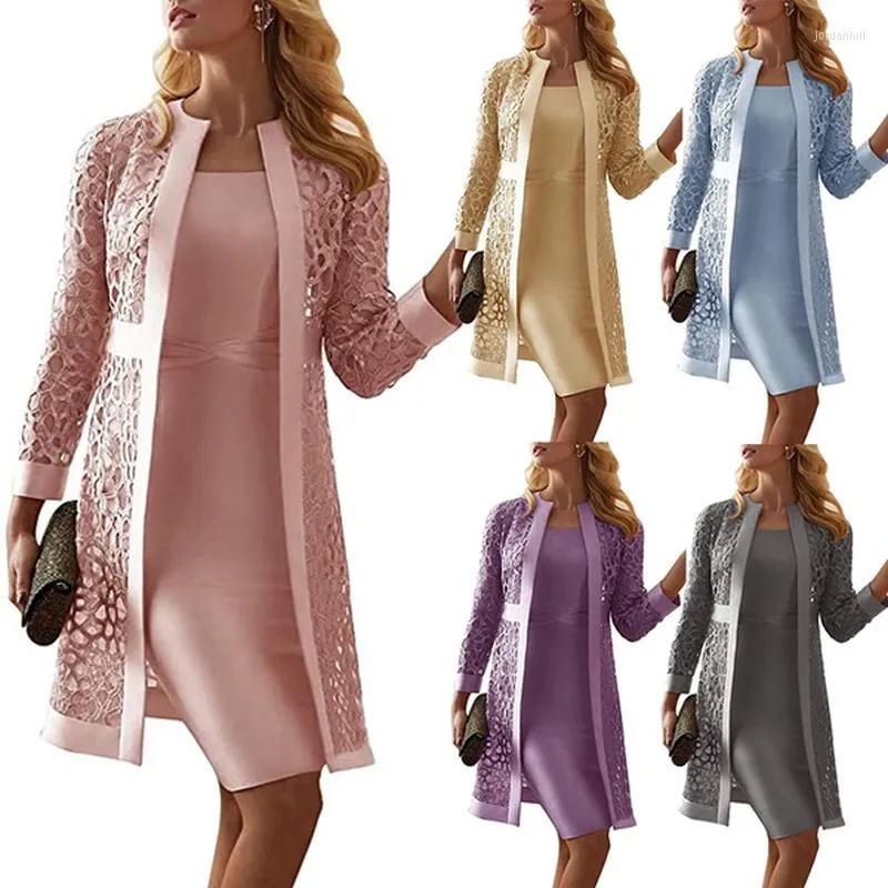 Robes Décontractées Deux Pièces Robe Femmes À Manches Longues Longueur Au Genou Veste Mère De La Mariée Formelle Robe De Soirée De Mode S-5XLCasual