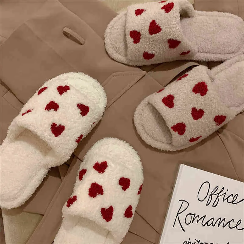 2022 Cute Slipper For Women Girls Fashion Kawaii Fluffy Winter Warm Slippers Woman Lovely Red Heart House Slippers Funny Shoes G220730