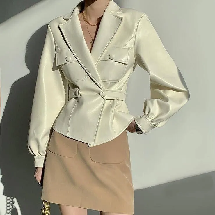 女性のスーツブレザーフォーマルスーツジャケットデザイン狭いウエストブラックファッションレザーポケットボタン女性コート春秋の女性