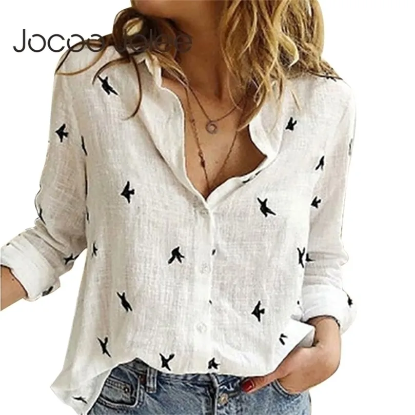 Jocoo jolee kadınlar rahat kuşlar baskı bluzu bahar yaz uzun kollu pamuk ve keten gevşek gömlek vintage üstleri tunik artı boyut 210326