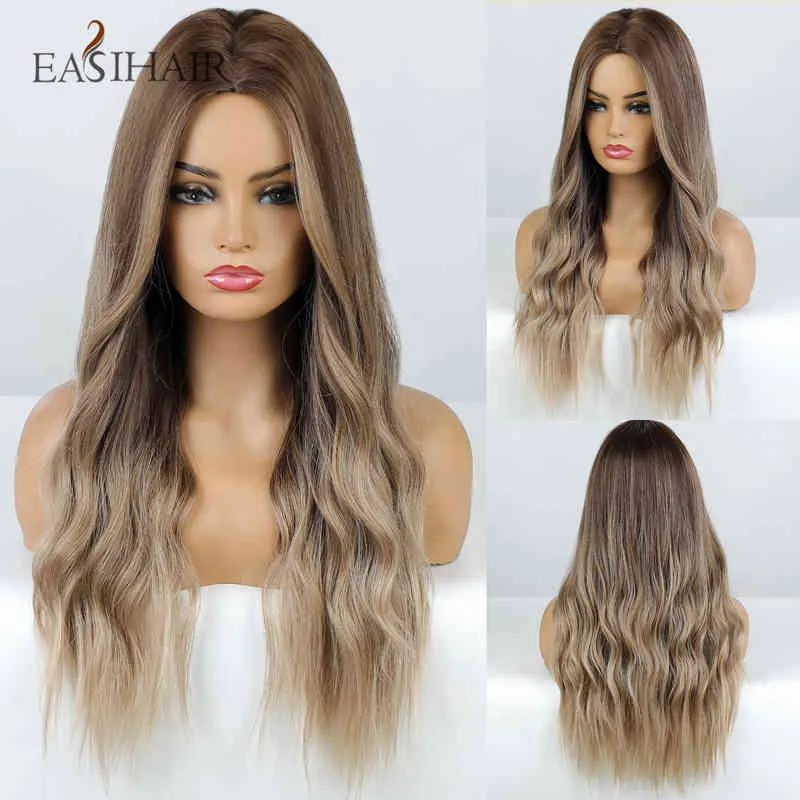 EASIHAIR Ombre Brown Long Wavy Synthetic Wigs Middle Part Natural Hairs for Women Daily Cosplay Party Heat Resistant Fiber 220525