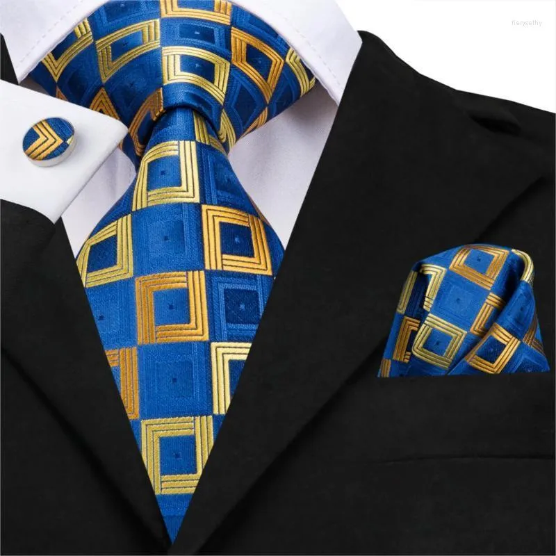 Bow Ties Hi-tie Men Plaid Blue Silk Kontrola Zestaw Set Pocket Square Mankiety Business Wedding Prezent dla Ojca Formal Hurtowa ow