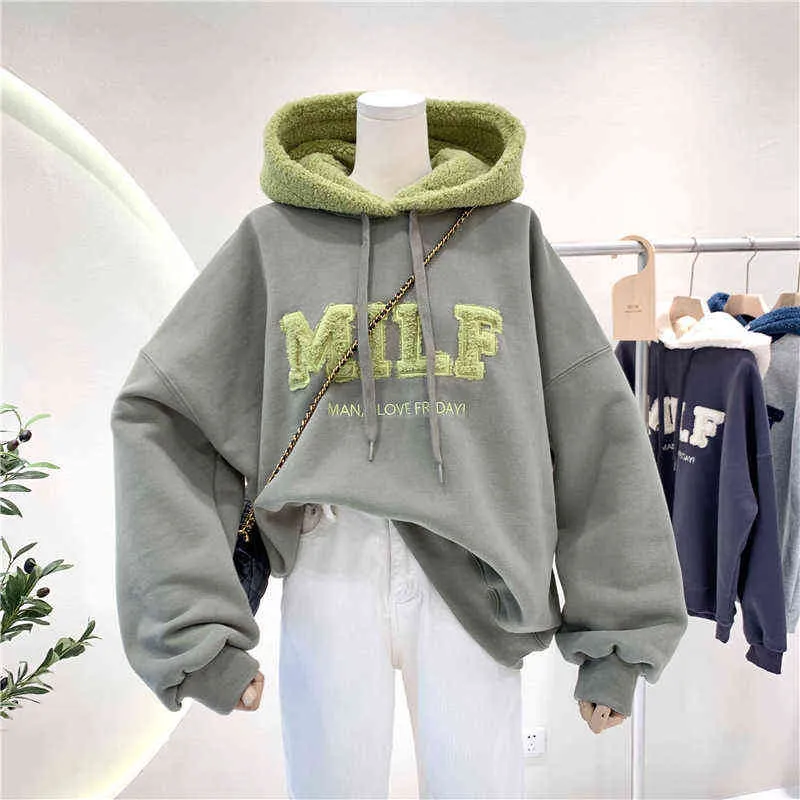 Autumn Warm Women's Hoodies Letter Patchwork Lambswool Plush Velvet Winter Korean Loose Sweater Oversized Hoodie T220726