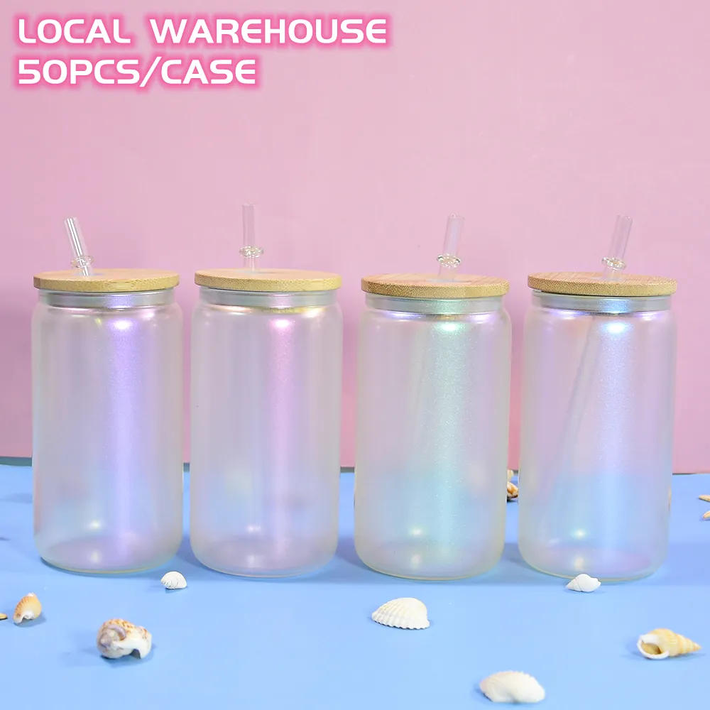 US Warehouse 16oz تسامي كوب زجاجي قزحيات مستقيمة متجمدة من القهوة الشفافة القدح البهلوانات مع غطاء الخيزران والقش Z11