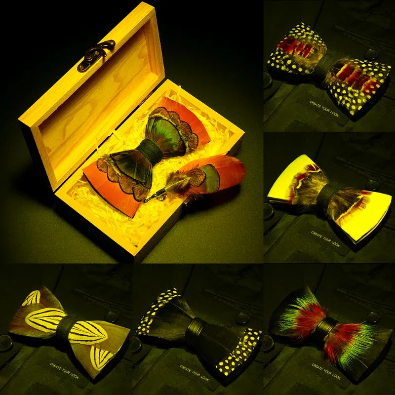 Bow Ties 2022 Original Design Tie Feather Exquisite Handmade Men's Brooch Pin Wooden Gift Set Wedding PartyBow