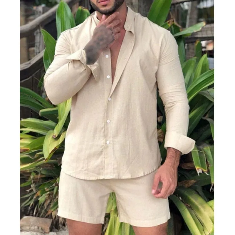 Herren Traursuits 2022 Sommer Männer Hawaiian Sets Strand Langarm Ständer Kragen Hemdbrett Shorts 2 Stück Streetwear Baumwollwäsche Leinen