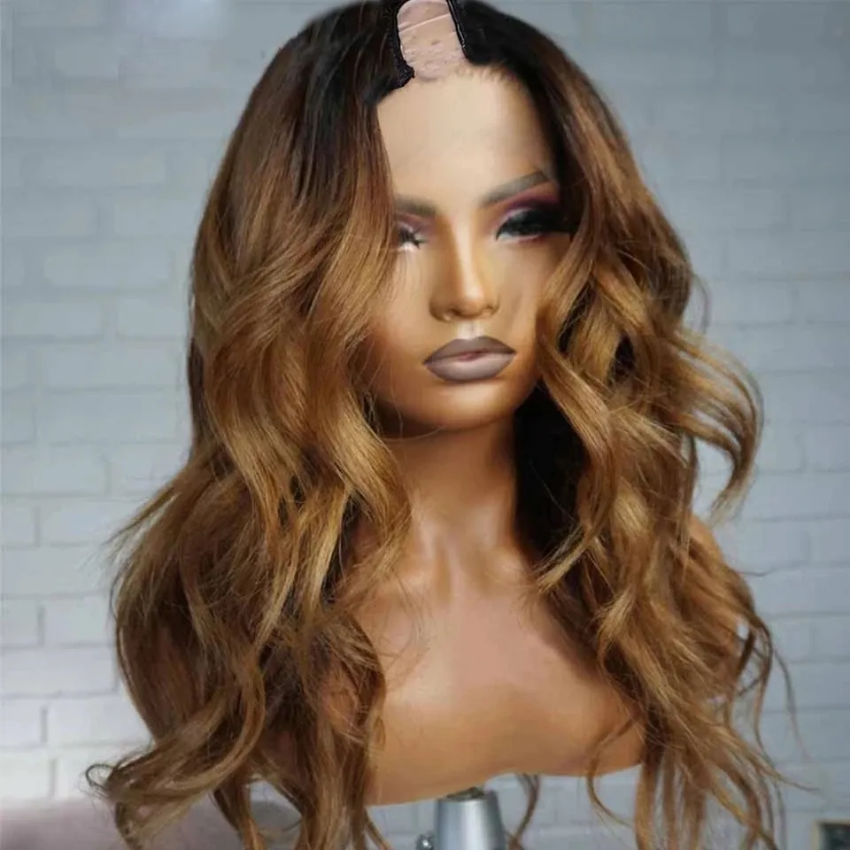 Ombre Chestnut Brown Body Wavy Glueless Wig Highlight Blonde V Part Cheveux Humains U Forme Lâche Wavy Remy Full Machine Made Perruques