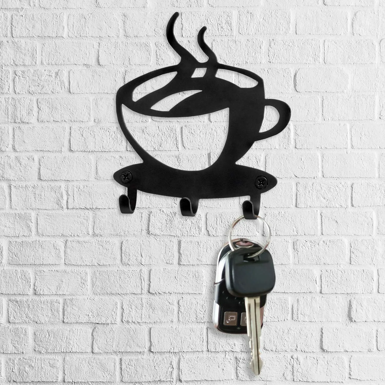 Key Holder Rack Wall Mounted-Modern Coffee Time Decor Key Organizer with 3 Hooks