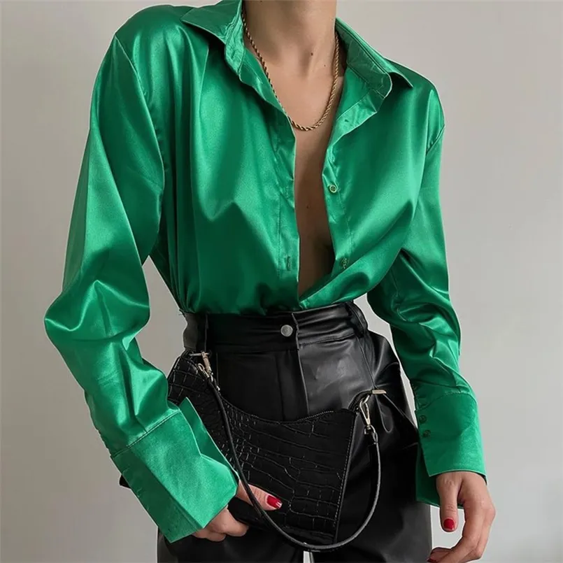 Satijn Dames Shirt Polo Collar Office Dame Blouse Vintage Blue Green Silk Shirt Losse Button Up Down Shirts Black Fashion Tops 220407