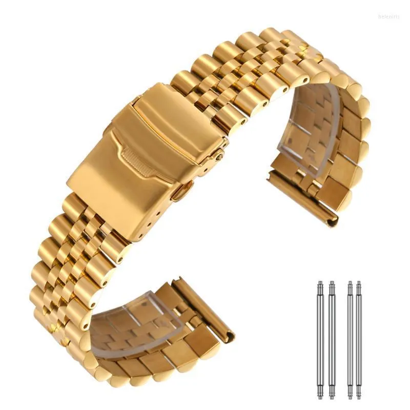 Watch Bands 20MM 22MM Gold Wristwatch Band Stainless Steel Five Beads Folding Safety Buckle Strap Hele22