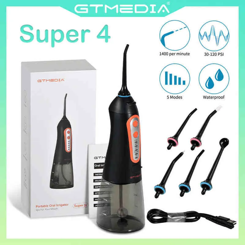 Irrigateur buccal rechargeable Gtmedia-super 4 USB, arroseur dentaire portable, réservoir d'eau de 300 ml, détergent 220511