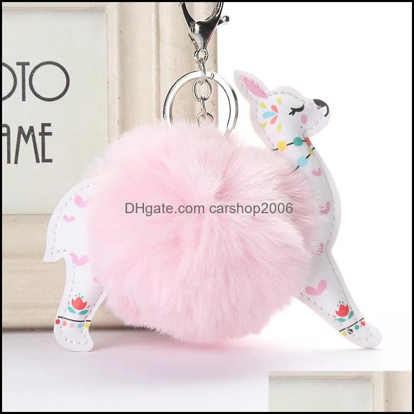 fluffy fur ball alpaca key rings leather animal keychains charm 10cm artificial rabbit pompom keyrings women jewelry p43fa