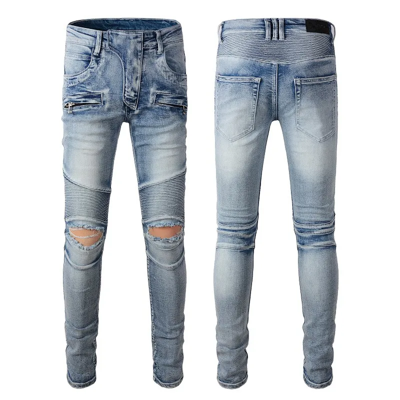 Men Designer Jeans Big and Tall Trousers with Hole Denim for Man Skinny Rock Biker Slim Fit Blue Hip Hop Mens Buckle Long Straight Zipper Fly Washed Solid Softener 2022