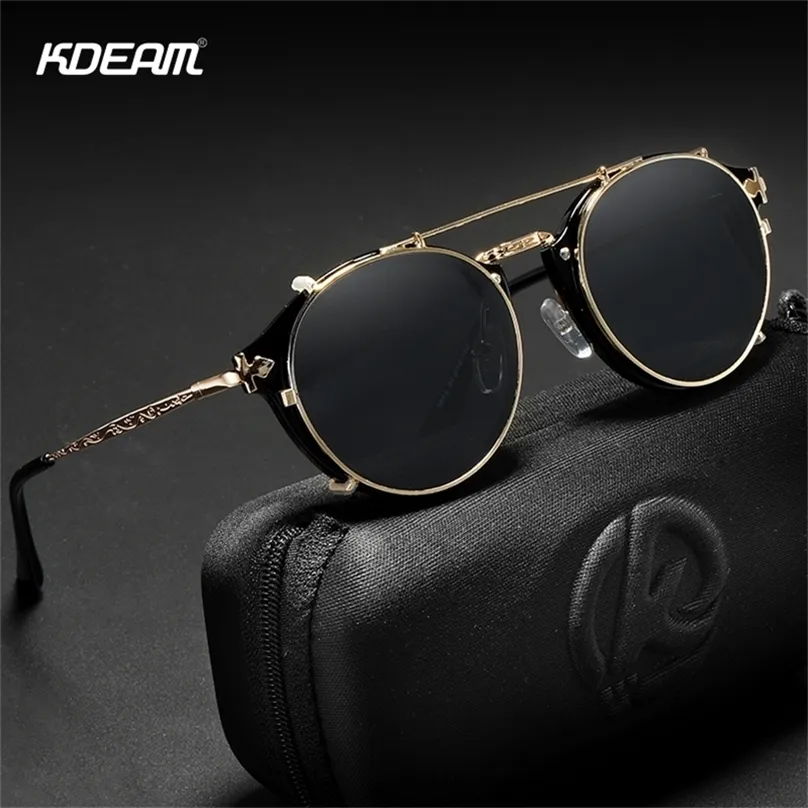 KDEAM Rétro Steampunk Clip Rond Sur Lunettes De Soleil Hommes Femmes Double Couche Lentille Amovible Baroque Sculpté Jambes Lunettes UV400 Avec Boîte 220526