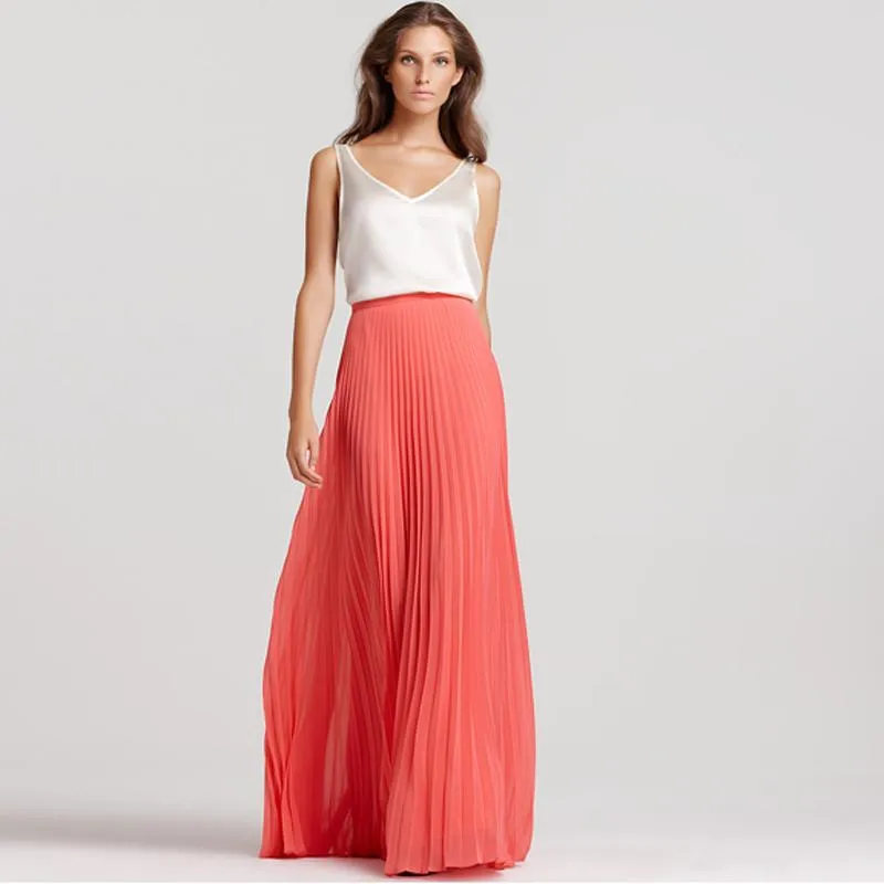 Faldas hechas a medida Coral gasa maxi falda cintura alta longitud del piso plisado largo para las mujeres verano boho playa saia longaskirts