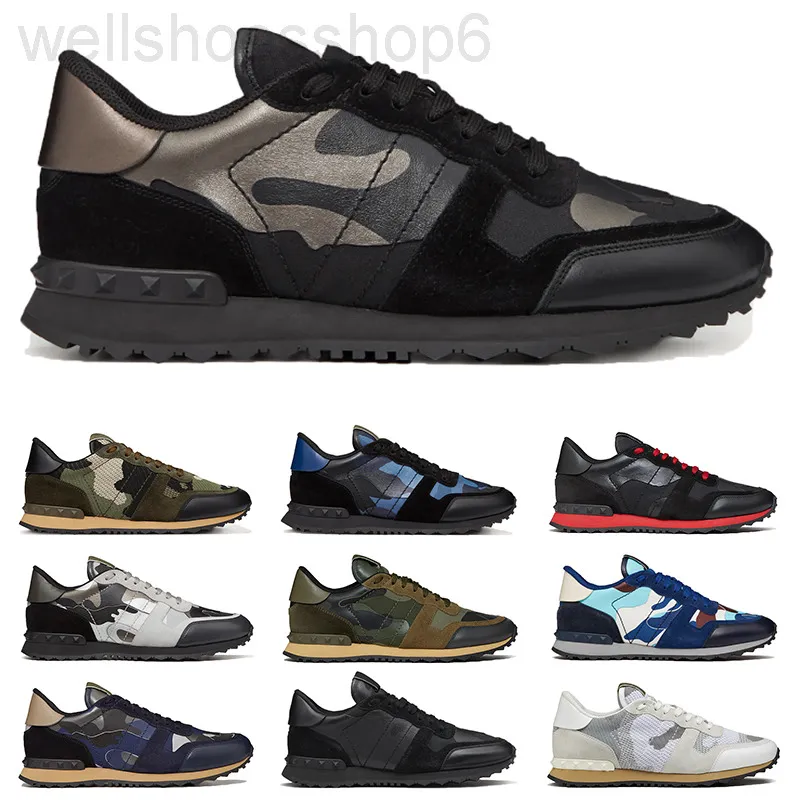 Men luxe ontwerper Casual schoenen Rockrunner Sneakers Lichtblauw Leger Green Triple Black Wit Beige Bred Gray Mens Rivet Trainers Joggen