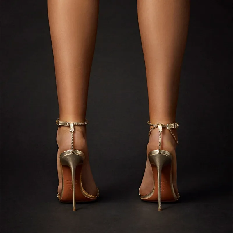2022Chic High Heels Sandals Designer Shoes Gladiator Gold Chain Stiletto Heel Women Party Plus 40 41 42 43 44 45