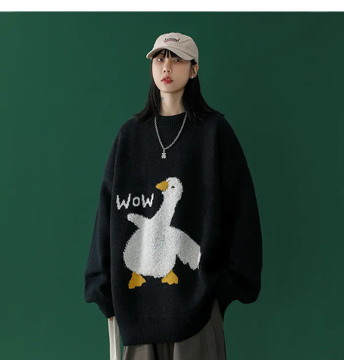 Harajuku Winter Cartoon Goose Pattern Oversized Furry Head Tilted Duck  Sweater For Men And Women Black Knitted Jumper Cute Pullover Sweaters Homme  220813 From Qiyuan02, $22.81