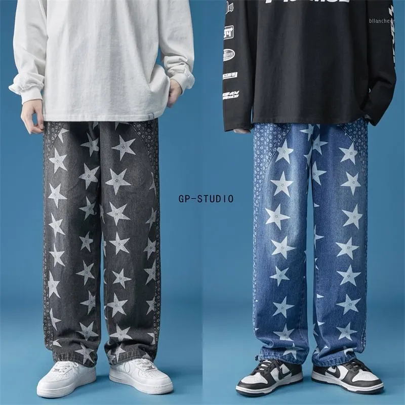 Pantalones vaqueros con estampado de estrellas y pierna recta para hombre, tendencias de moda, estilo Punk, ropa para adolescentes, pantalones vaqueros holgados de gran tamaño, ropa de calle Harajuku