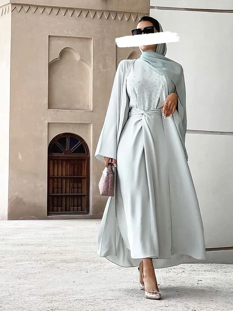 Ethnic Clothing Eid Muslim Sets 3 Piece For Women Summer Nida Beaded Open Abaya Inner Dress Wrap Skirt Matching Suit Dubai Turkey Modest Out