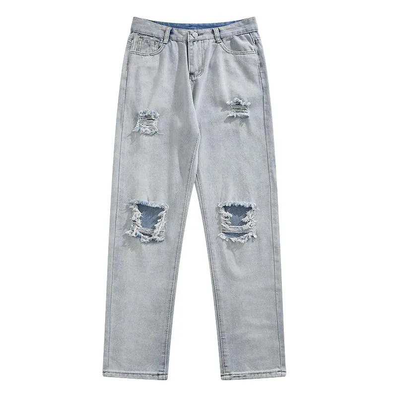 Heren jeans zomers mannen lange rechte denim broek mode mode high street scheurde gat broek hiphop licht blauw zwart s-3xlmen's
