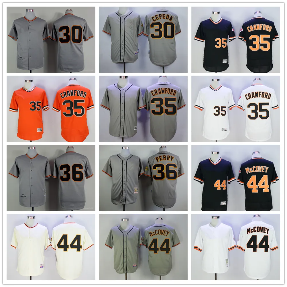 Film Vintage Baseball Jerseys porte cousu 35 BrandonCrawford 44 WillieMcCovey 47 JohnnyCueto Tous cousus respirant Sport vente maillots de haute qualité