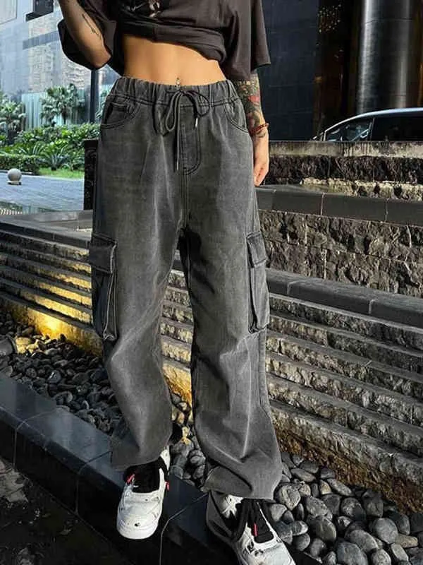 Women's Jeans Fashion Women's Jeans Casual Straight Cargo Jeans Vintage BF Denim Harajuku Y2K Streetwear High Waist Baggy Pocket Trousers T220825