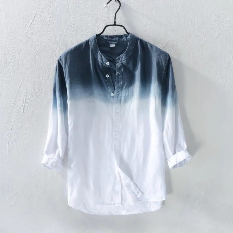 Men's Gradient Print Stand Collar Long Sleeve Shirt Blue Black Full Linen Summer Casual Shirts Men Breathable For 2022