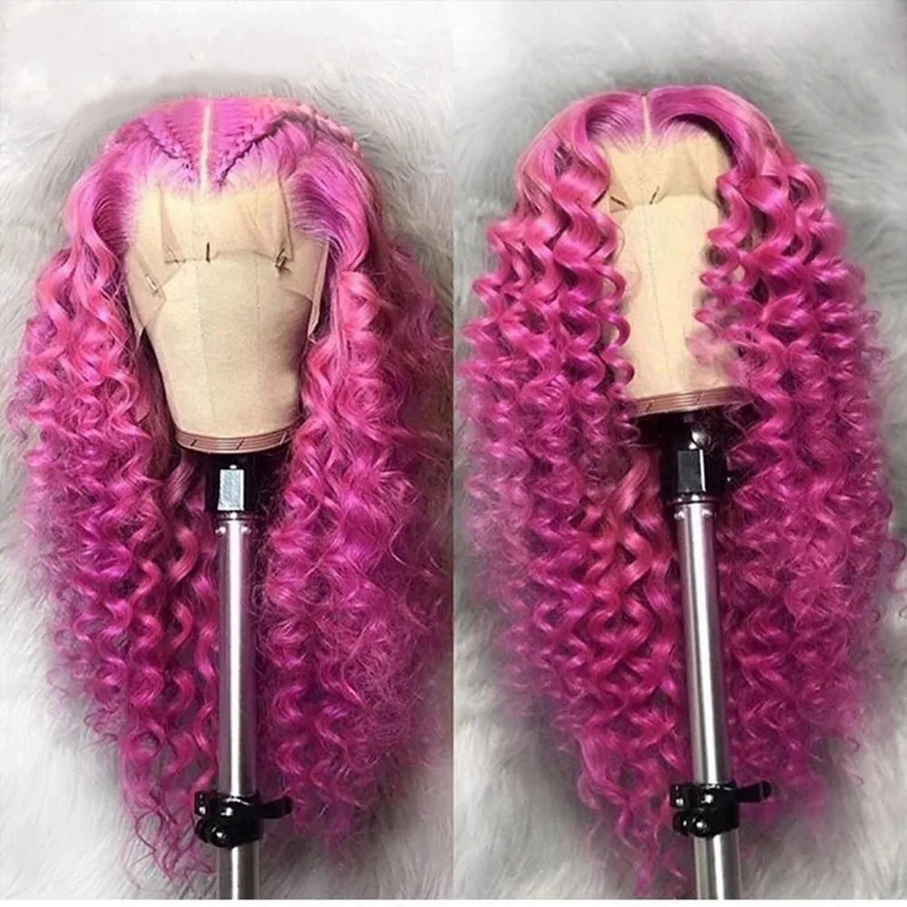 Novo rosa rosa rosa longo solto onda profunda perucas de cabelo humano para mulheres negras Purple/loiro/azul colorido de renda sintética Festa de peruca frontal