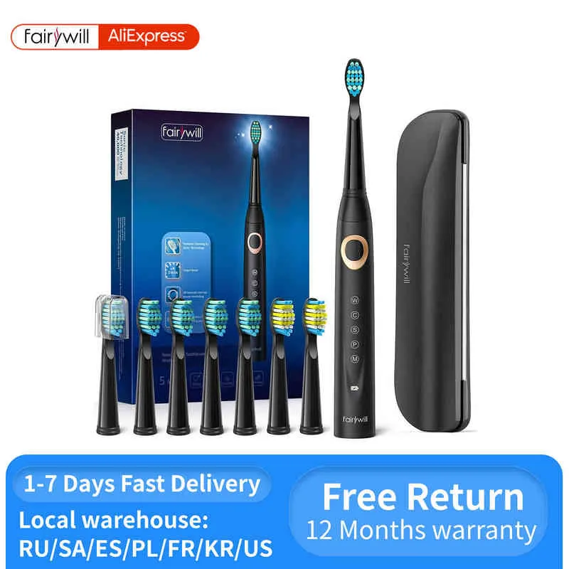 Toothbrush Fairywill Fw-508 Sonic Electric Toothbrush Rechargeable Timer Brush 5 Modes Fast Charge Tooth 8 Heads for Adults 0511