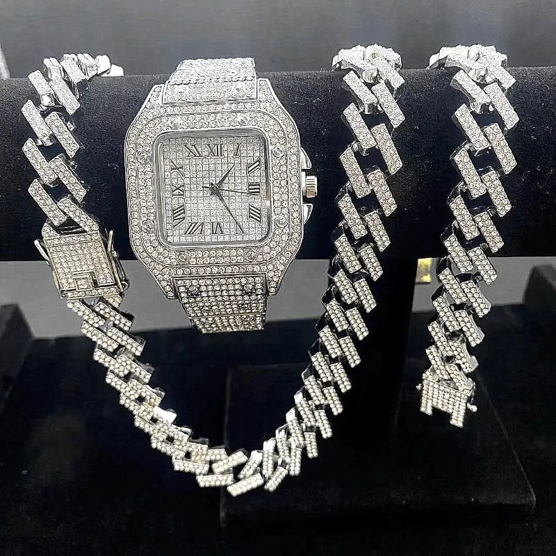 Relógios de pulso 3PCS Iced Out Relógios Para Homens Relógio de Ouro Quartzo 15mm Correntes de Elos Cubanos Pulseira + Colares Jóias de Diamante Homem Reloj