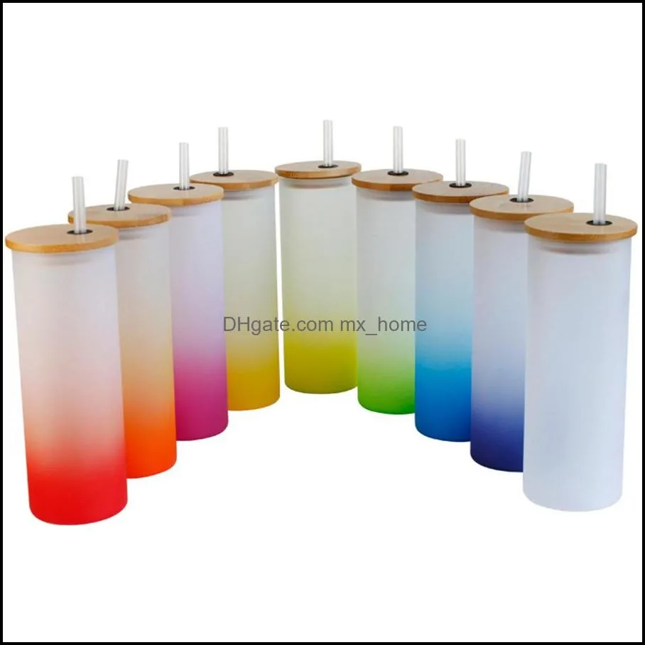 Mugs Color background gradient thermal sublimation glass bamboo cover frosted glass straw high temperature resistant