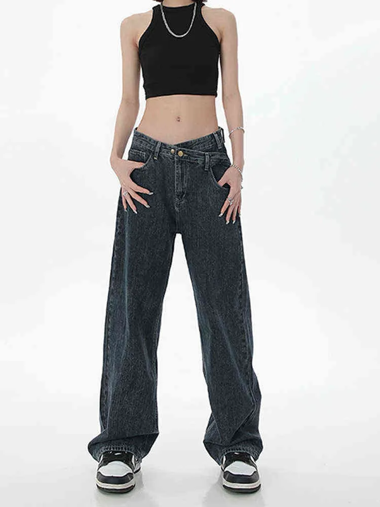 2022 Nouvelles Femmes Taille Haute Baggy Jeans Denim Pantalon Droite Large Tuyaux Harajuku Y2k Pantalon Vintage Design Simple Lâche Casual ins L220726