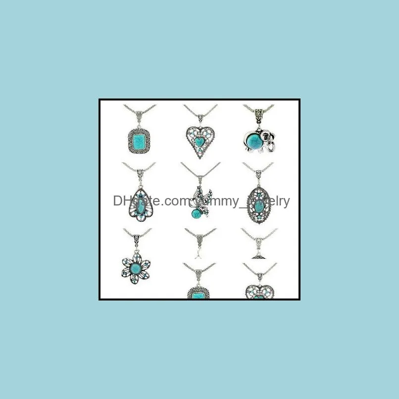 Vintage turquoise Long Necklaces Square Elephant Heart Leaves flower Pendant Sweater chains For women Fashion Jewelry Gift