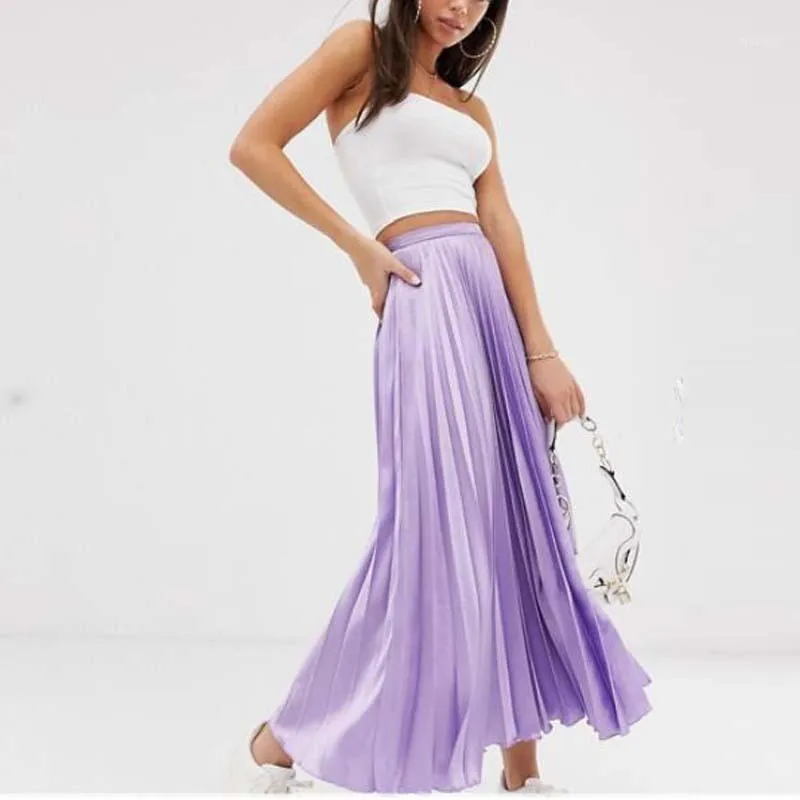 Röcke Ziemlich Lavendel Plissee Satin Frauen Seite Zipper Knöchel Länge Weibliche Rock Nach Maß Faldas Mujer Moda 2022