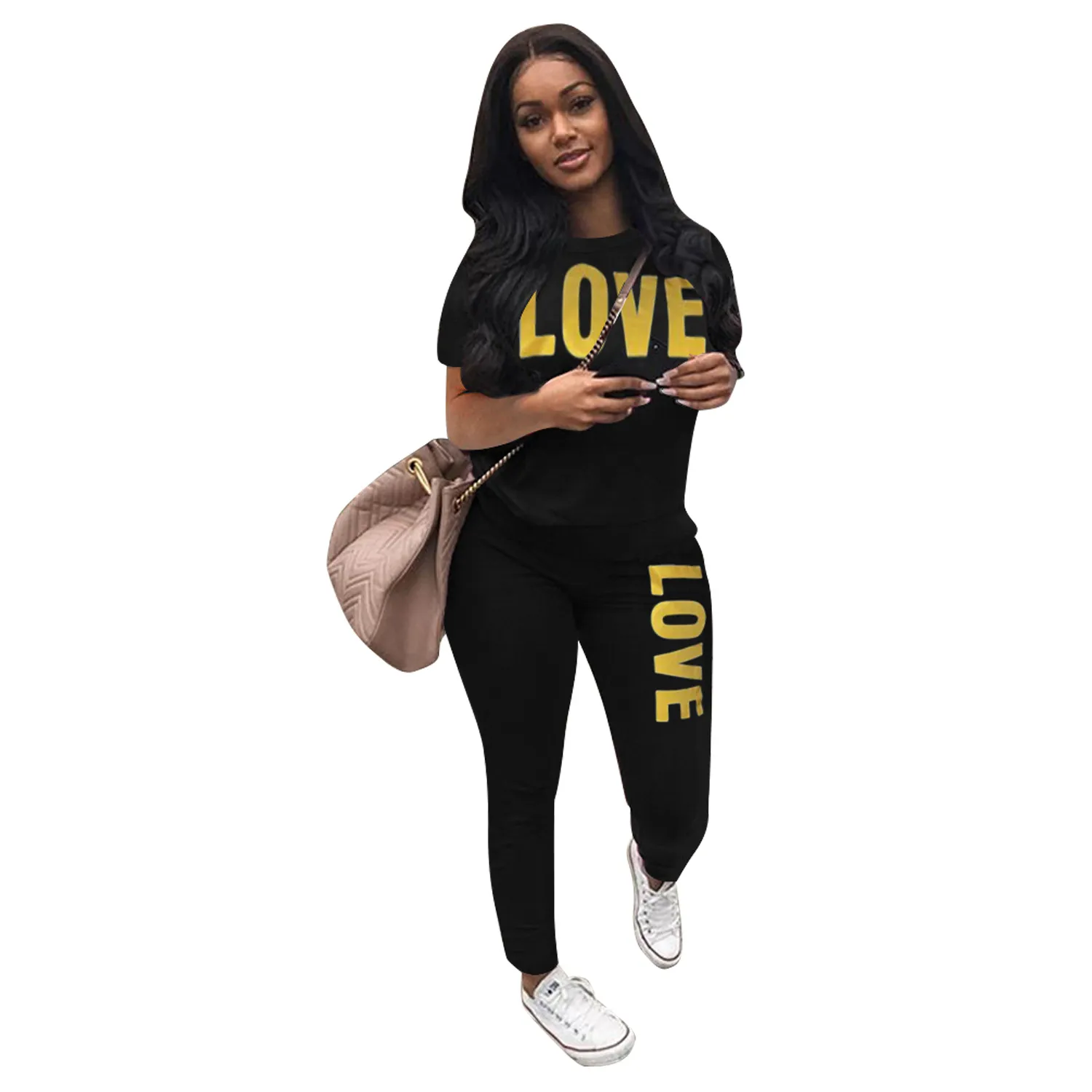 Survêtements pour femmes 2 pièces ensemble femmes tenue amour lettre imprimer manches courtes col haut sweat-shirt pantalon survêtement 2022 plus taille streetwear costume décontracté