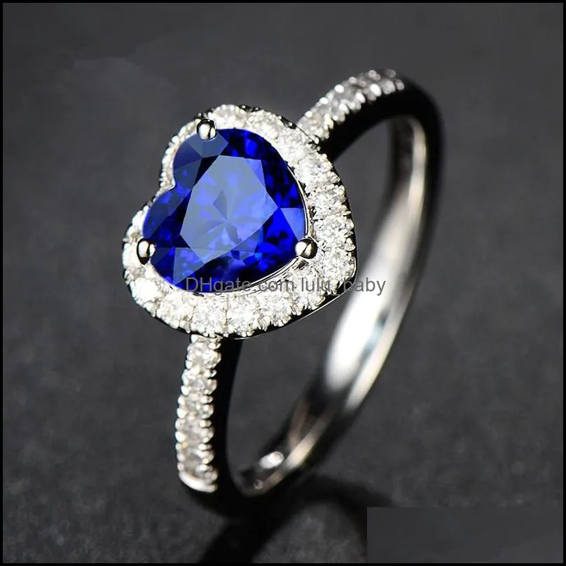 Blue Austrian Crystal Heart Love Rings for Women Clear Rhinestone Romantic Rings Wedding Jewelry Party Wholesale Hot Sale