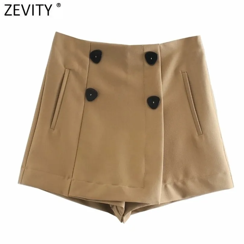 Zevity Nouvelles Femmes Vintage Double Boutonnage Solide Casual Slim Shorts Jupes Dames Side Zipper Chic Shorts Pantalone Cortos 210306