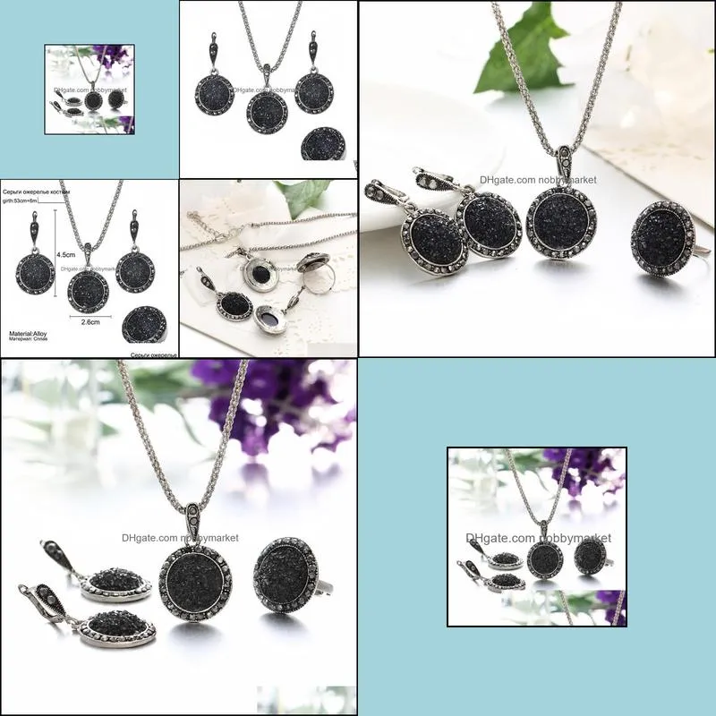 Resin Necklaces Earrings Ring Sets 3PCS for Women Vintage Boho Round Gravel Vintage Bride Wedding Black Natural Stone Jewelry