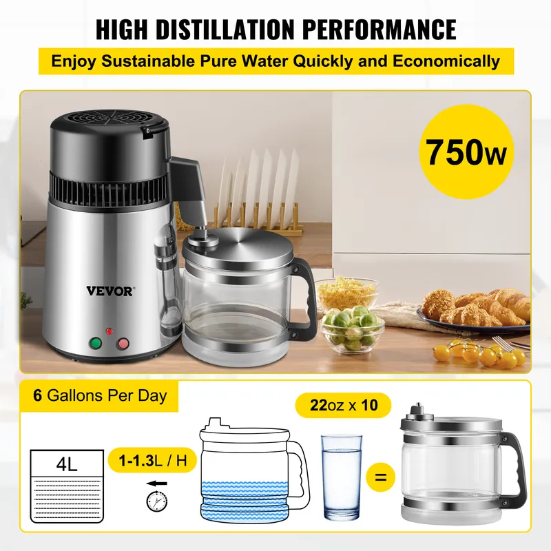 4L Water Distiller Countertop 750W 304 Stainless Steel – Purifier For Home Lead Removal